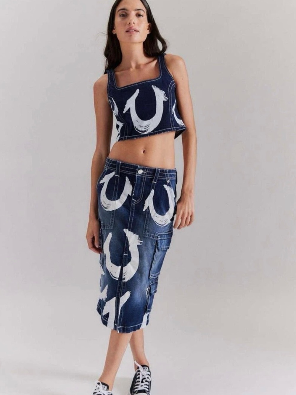 True Religion Y2K UO Exclusive Painted Horseshoe Denim Midi Skirt Size 28